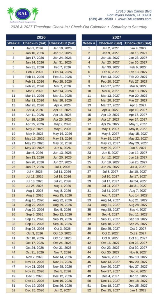RAL Resorts--2026-2027 Timeshare Calendar