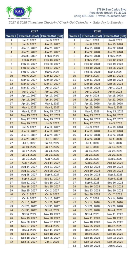 RAL Resorts--2027-2028 Timeshare Calendar