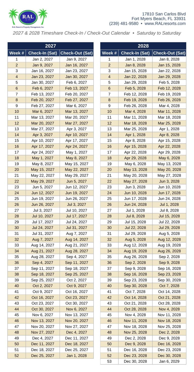 RAL Resorts--2027-2028 Timeshare Calendar