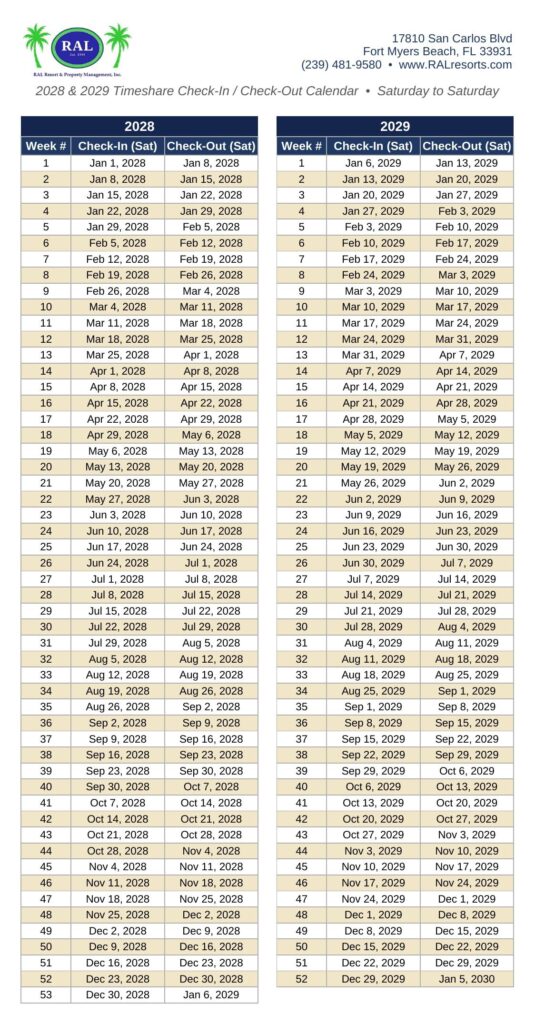 RAL Resorts--2028-2029 Timeshare Calendar