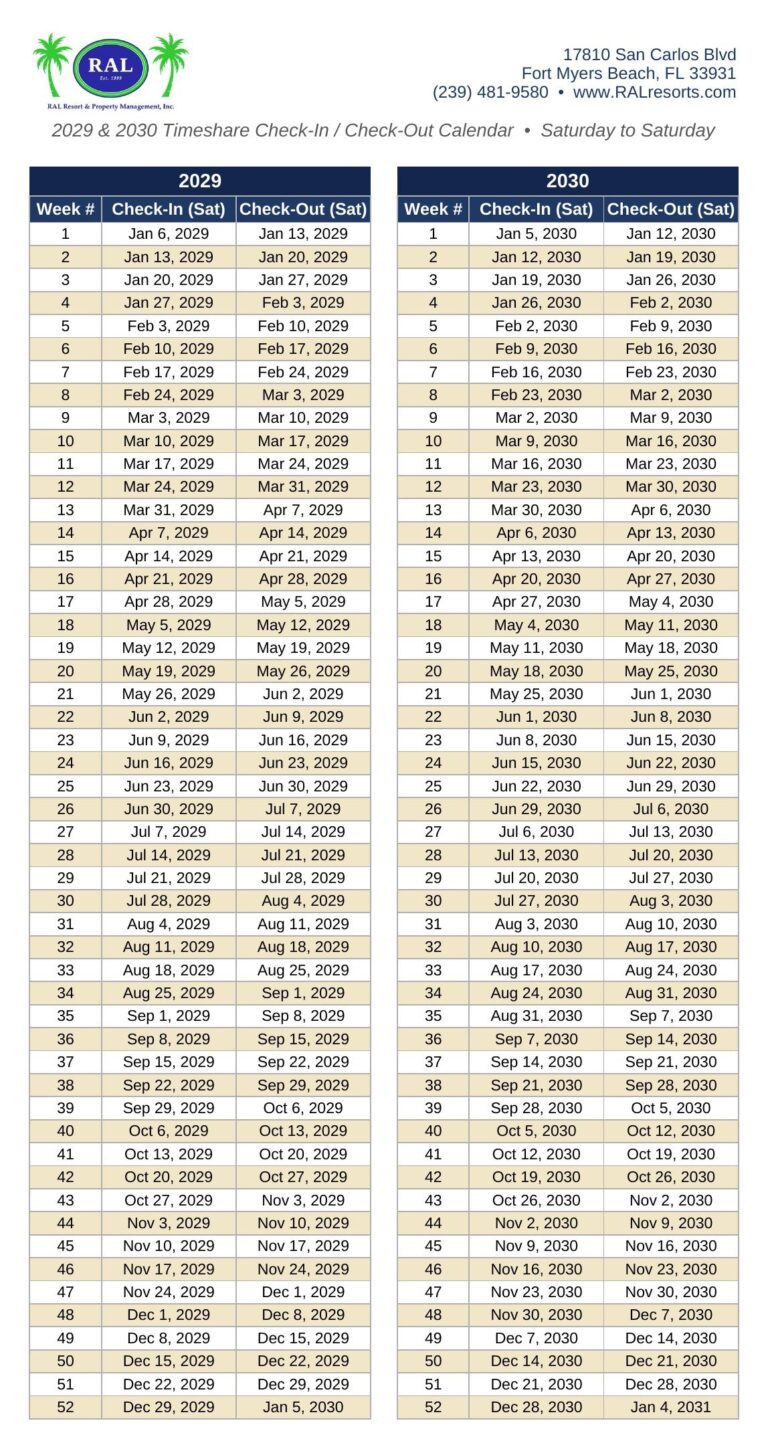 RAL Resorts--2029-2030 Timeshare Calendar