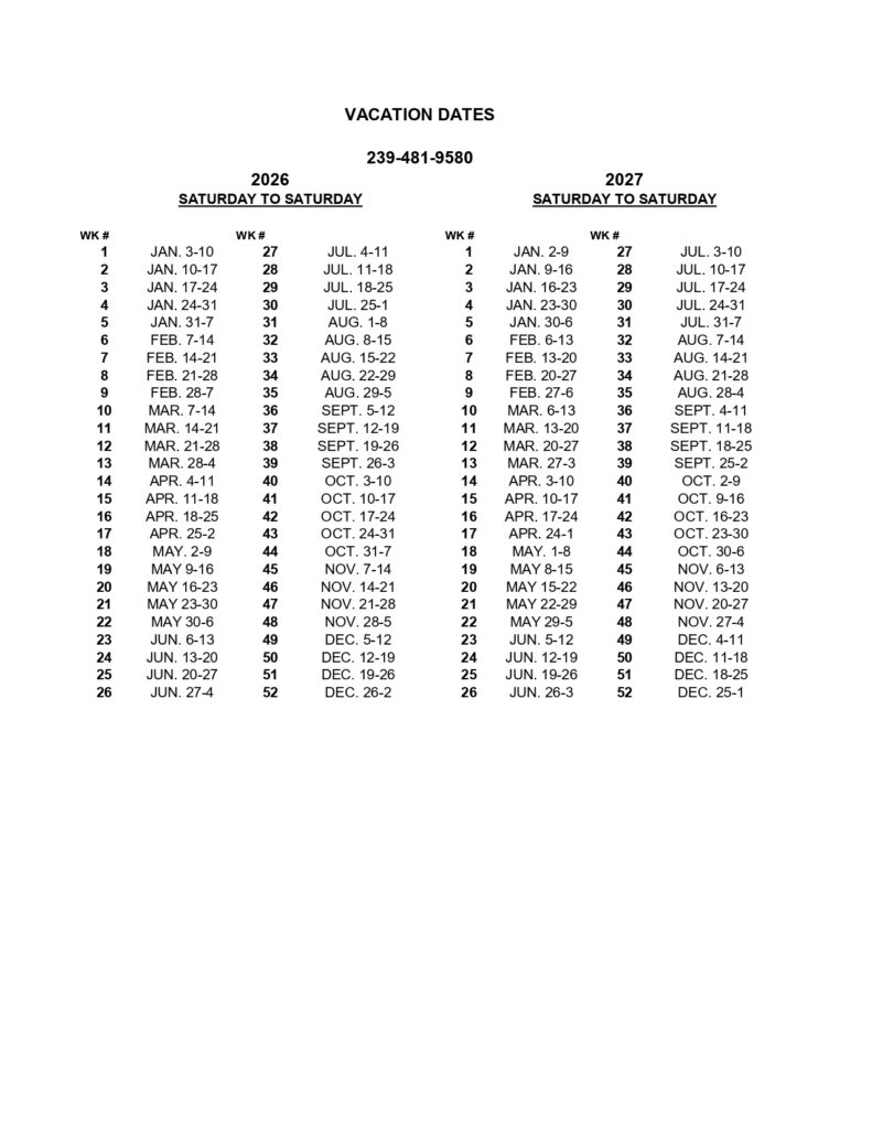 2026-2027 Vacation Calendar Dates--Saturday-to-Saturday